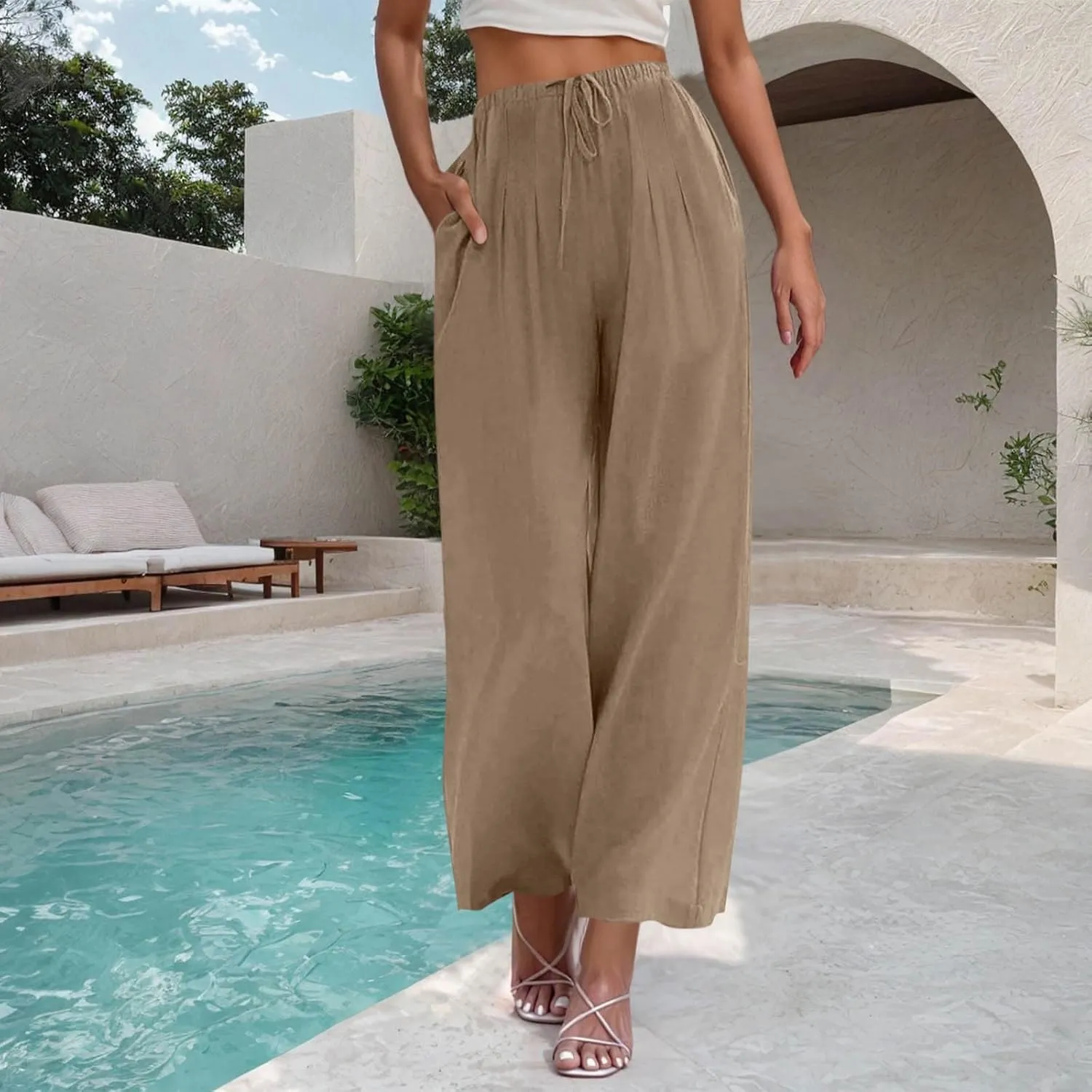 Womens Cotton Linen Palazzo Pants Drawstring Elastic Waist Wide Leg Pants Summer Casual Flowy Trousers with Pockets