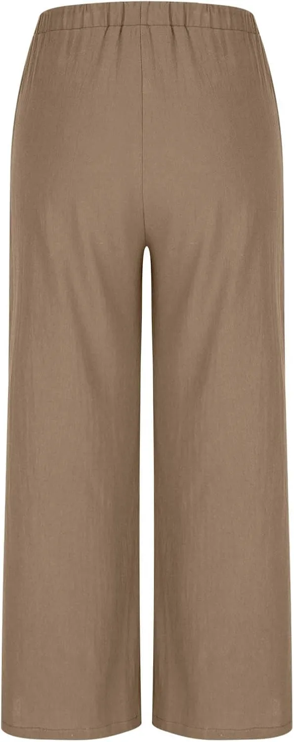 Womens Cotton Linen Palazzo Pants Drawstring Elastic Waist Wide Leg Pants Summer Casual Flowy Trousers with Pockets