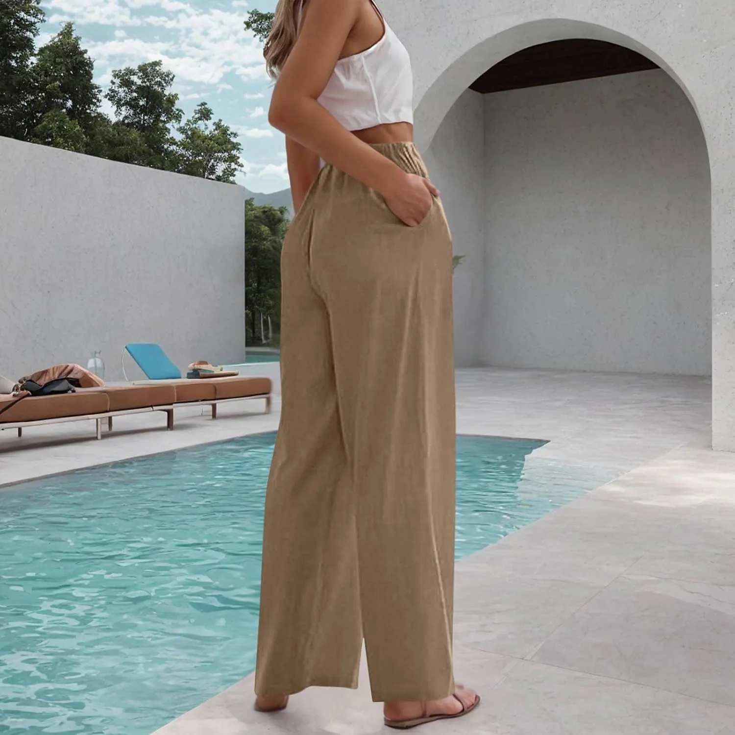 Womens Cotton Linen Palazzo Pants Drawstring Elastic Waist Wide Leg Pants Summer Casual Flowy Trousers with Pockets