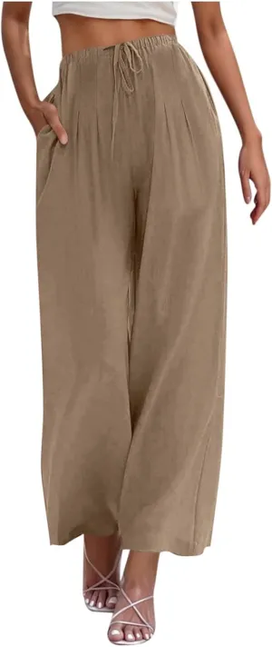 Womens Cotton Linen Palazzo Pants Drawstring Elastic Waist Wide Leg Pants Summer Casual Flowy Trousers with Pockets