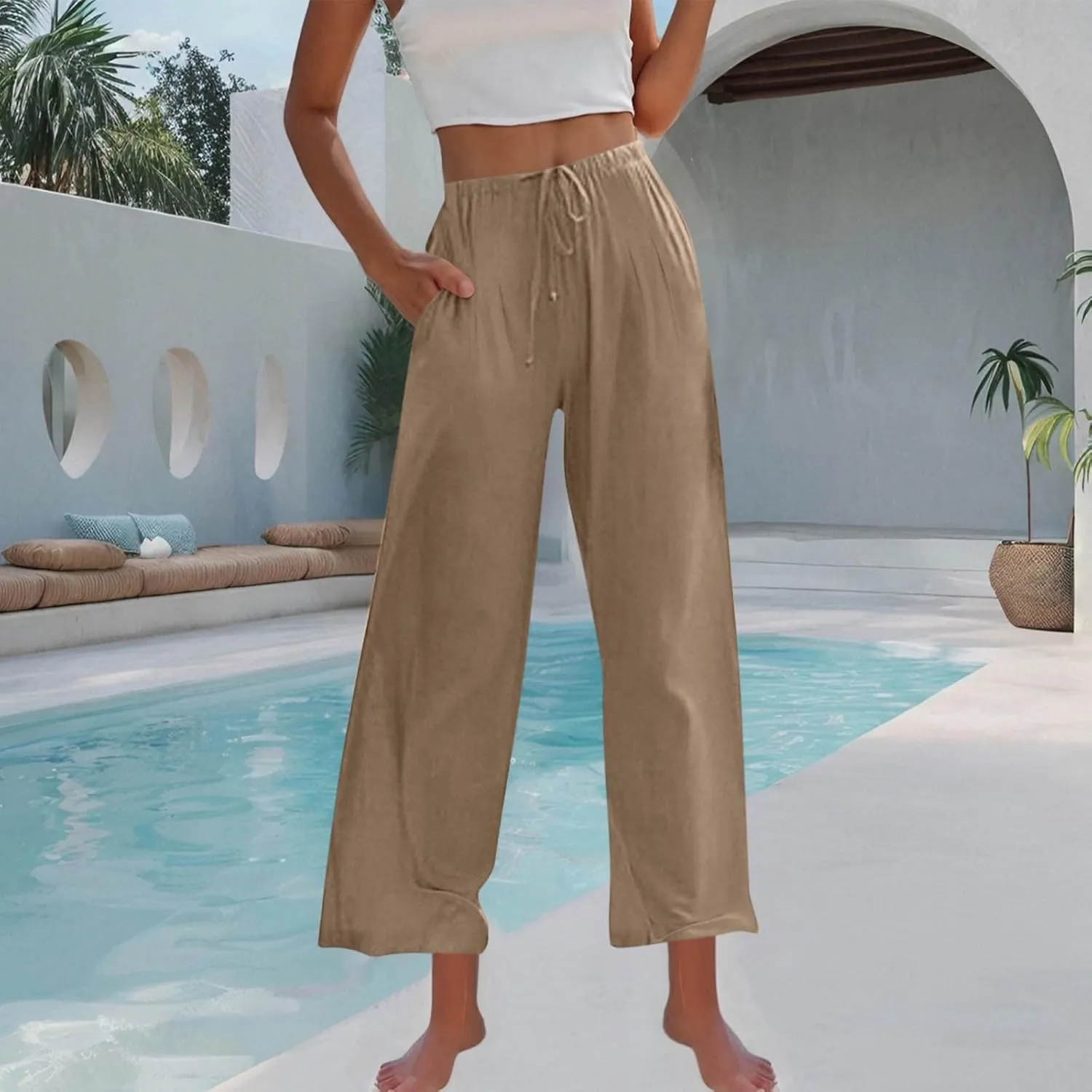 Womens Cotton Linen Palazzo Pants Drawstring Elastic Waist Wide Leg Pants Summer Casual Flowy Trousers with Pockets