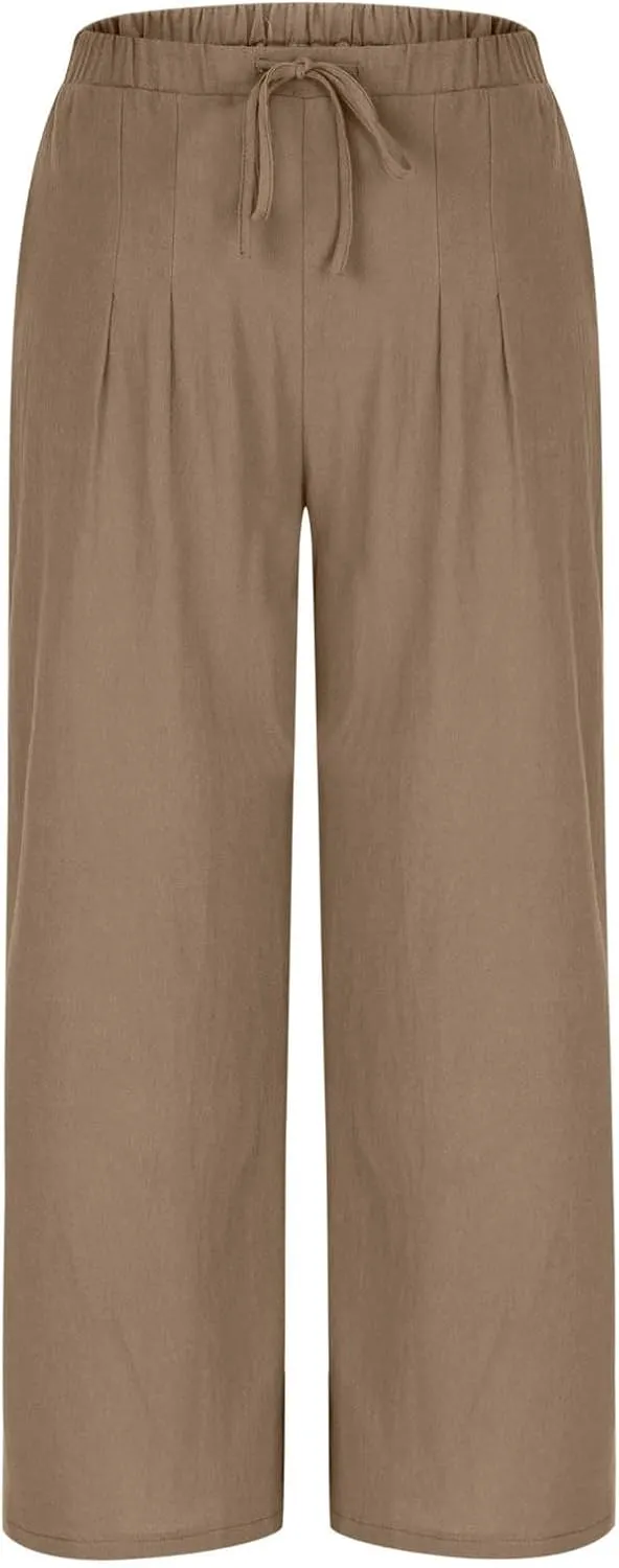 Womens Cotton Linen Palazzo Pants Drawstring Elastic Waist Wide Leg Pants Summer Casual Flowy Trousers with Pockets