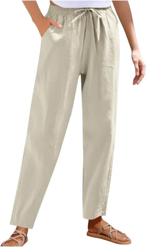 Womens Cotton Linen Pants Drawstring Elastic Waist Straight Leg Loose Fit Summer Trousers Palazzo Pants with Pockets