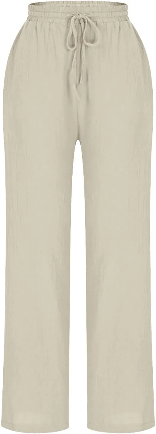 Womens Cotton Linen Pants Drawstring Elastic Waist Straight Leg Loose Fit Summer Trousers Palazzo Pants with Pockets