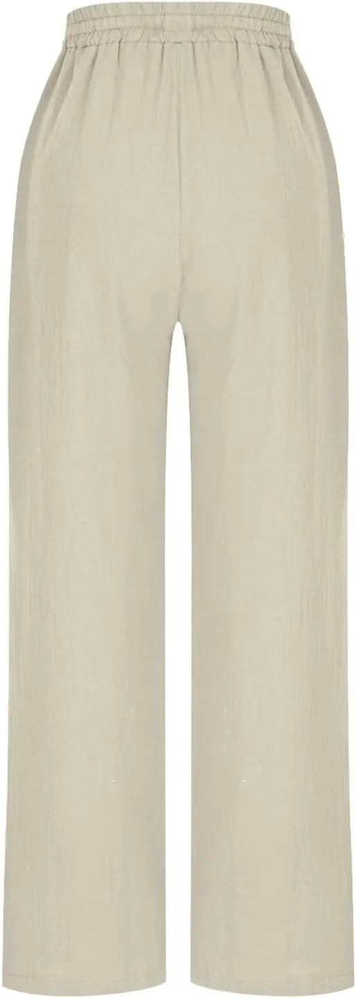 Womens Cotton Linen Pants Drawstring Elastic Waist Straight Leg Loose Fit Summer Trousers Palazzo Pants with Pockets