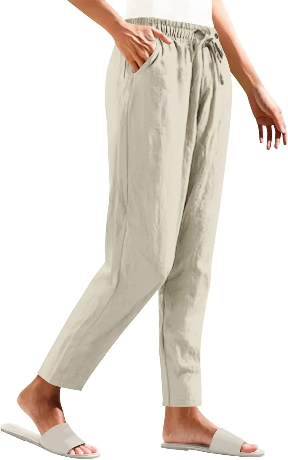 Womens Cotton Linen Pants Drawstring Elastic Waist Straight Leg Loose Fit Summer Trousers Palazzo Pants with Pockets