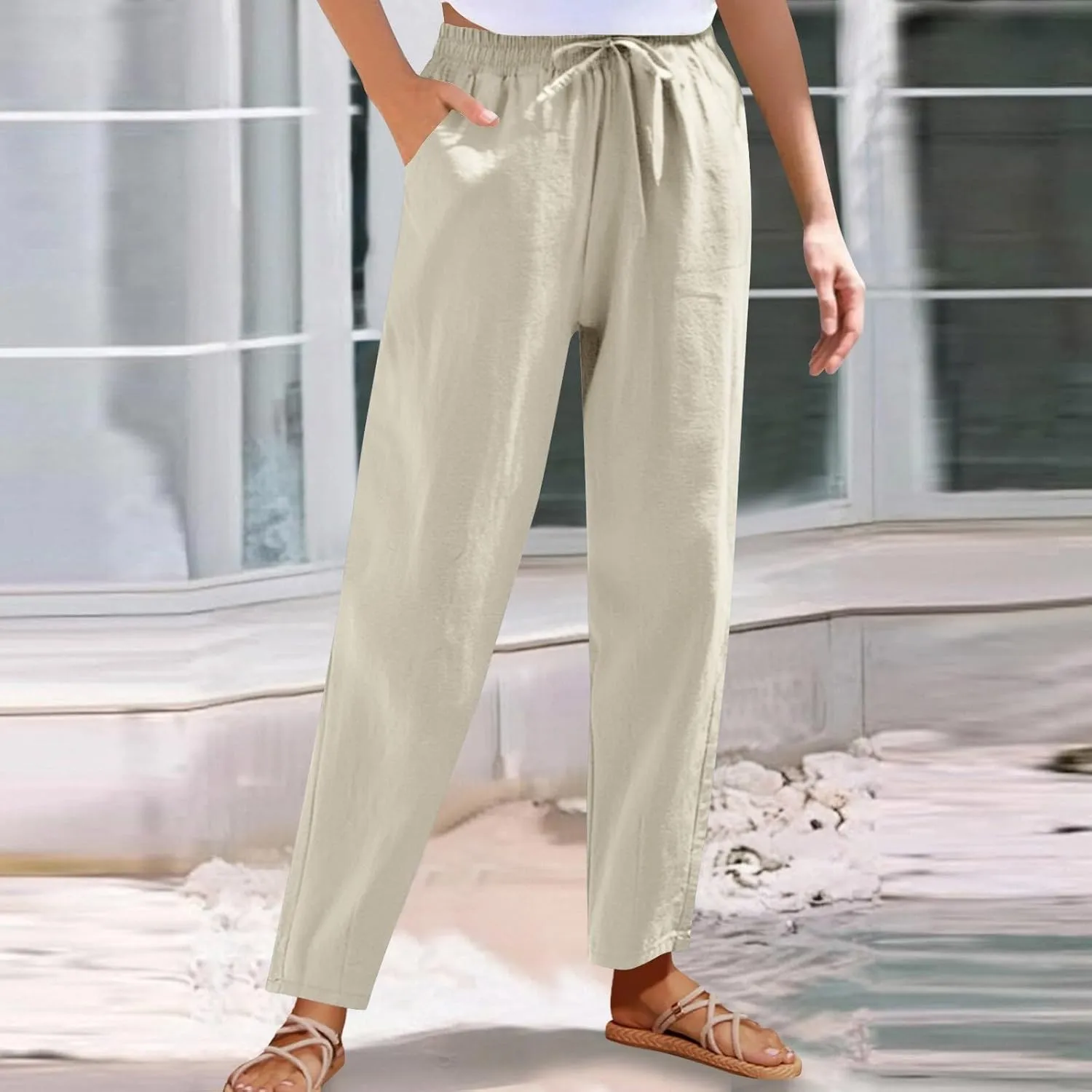 Womens Cotton Linen Pants Drawstring Elastic Waist Straight Leg Loose Fit Summer Trousers Palazzo Pants with Pockets