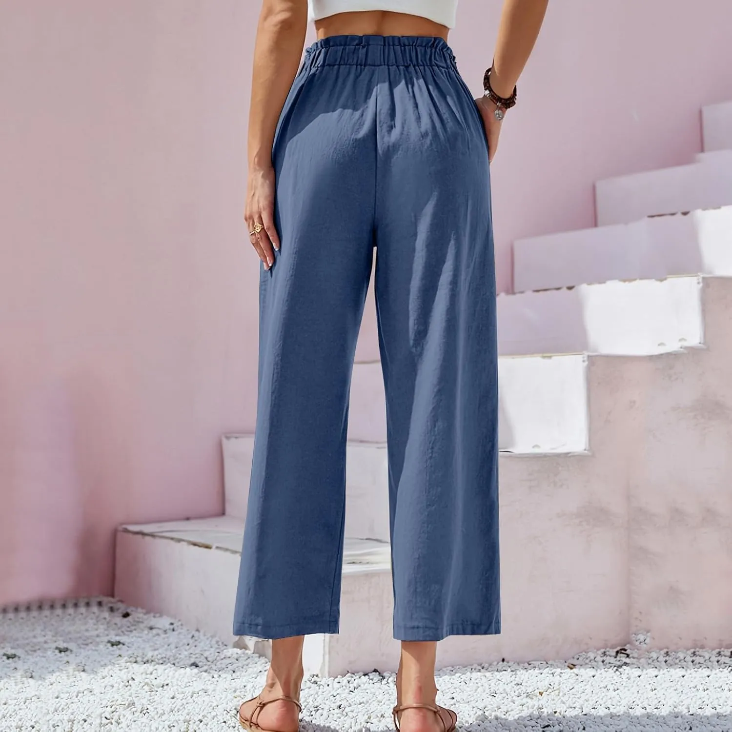 Women's Cotton Linen Summer Loose Flowy Pants Elastic Waist Lounge Pants Slim-Fit Pant Trousers Business Work