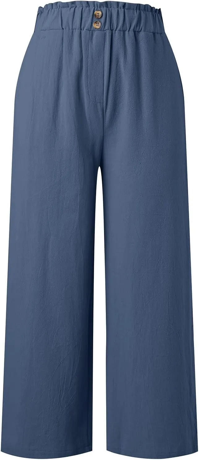 Women's Cotton Linen Summer Loose Flowy Pants Elastic Waist Lounge Pants Slim-Fit Pant Trousers Business Work