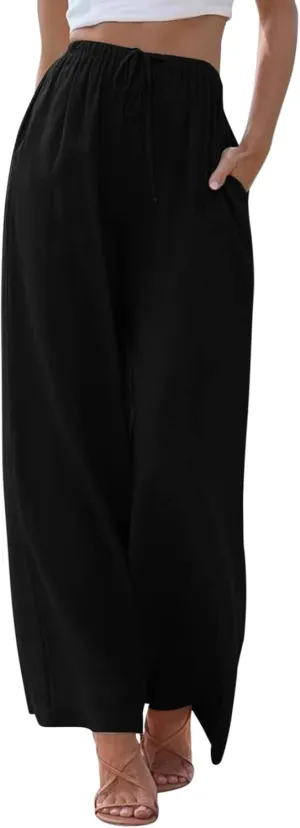 Women's Cotton Linen Summer Palazzo Pants Beach Flowy Wide Leg Trousers Drawstring Elastic Waist Slacks with Pockets
