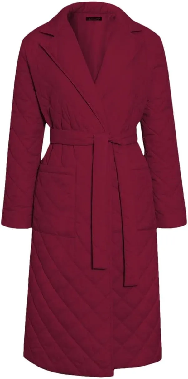 Women's Cotton-Padded Coat Lapel Loose Quilting Sashes Long Sleeve Pockets Parka Jackets red XL