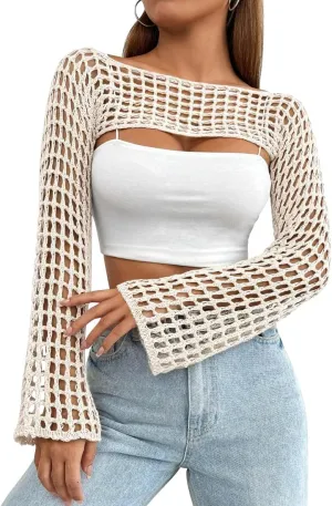 Womens Crochet Shrug Y2K Hollow Out Bolero Shrug See Through Cropped Knit Sweater Top