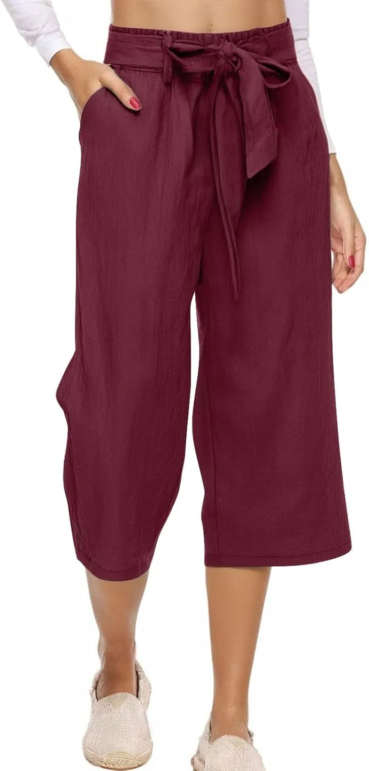 Women's Cropped Capri Pants - Summer Linen Harem Style Trousers, Elastic Waist & Side Pockets