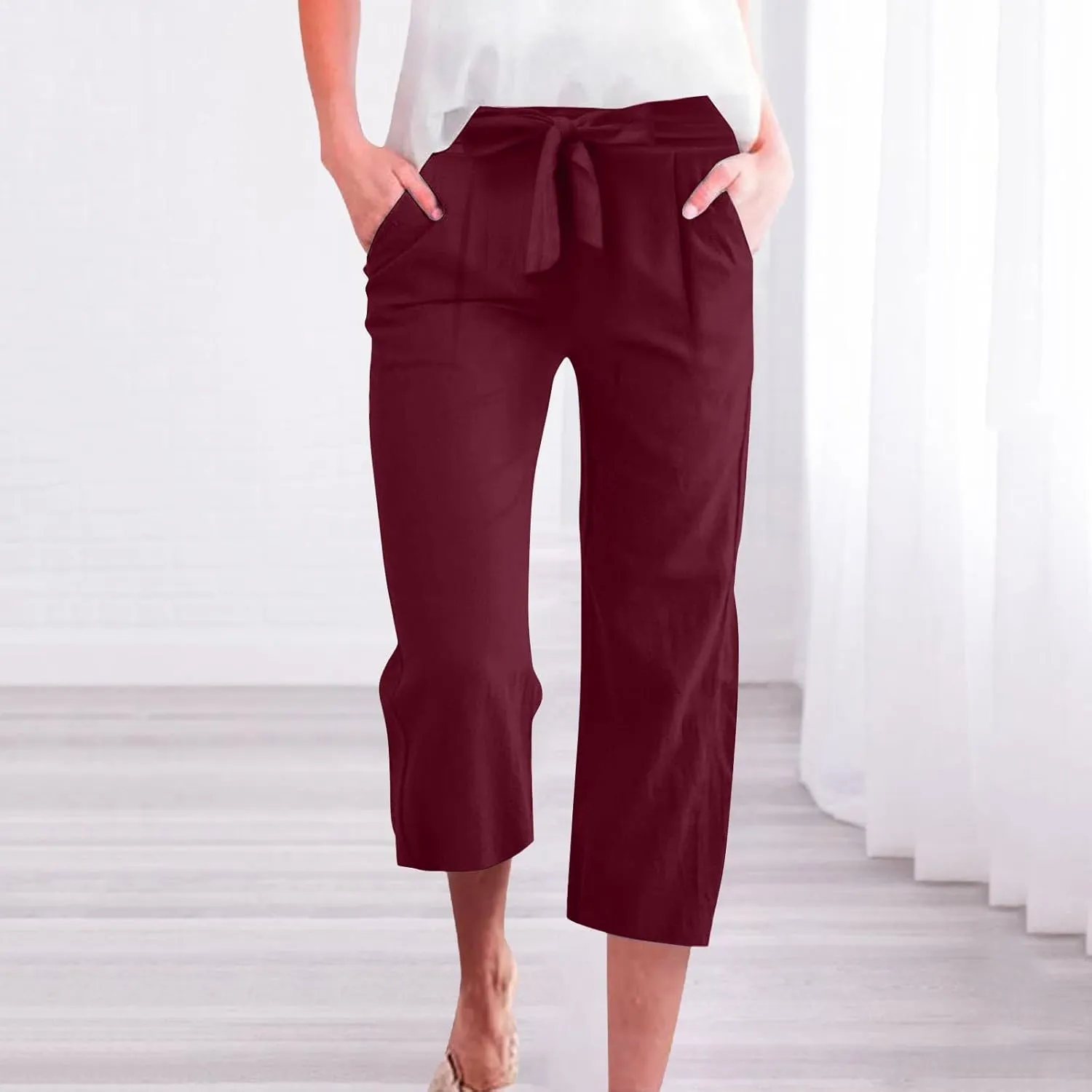 Women's Cropped Capri Pants - Summer Linen Harem Style Trousers, Elastic Waist & Side Pockets
