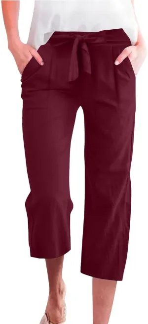 Women's Cropped Capri Pants - Summer Linen Harem Style Trousers, Elastic Waist & Side Pockets