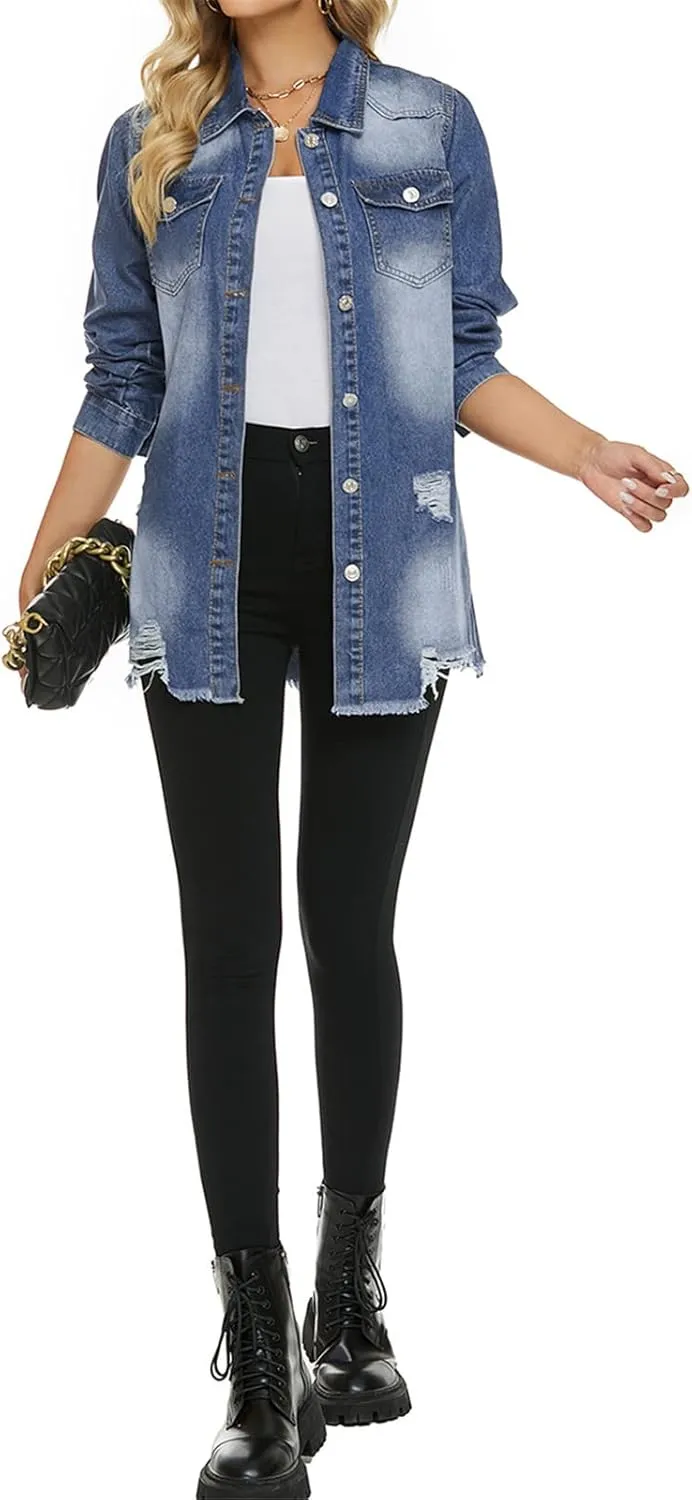 Womens Denim Ripped Distressed Button Down Mid Long Casual Jean Jackets