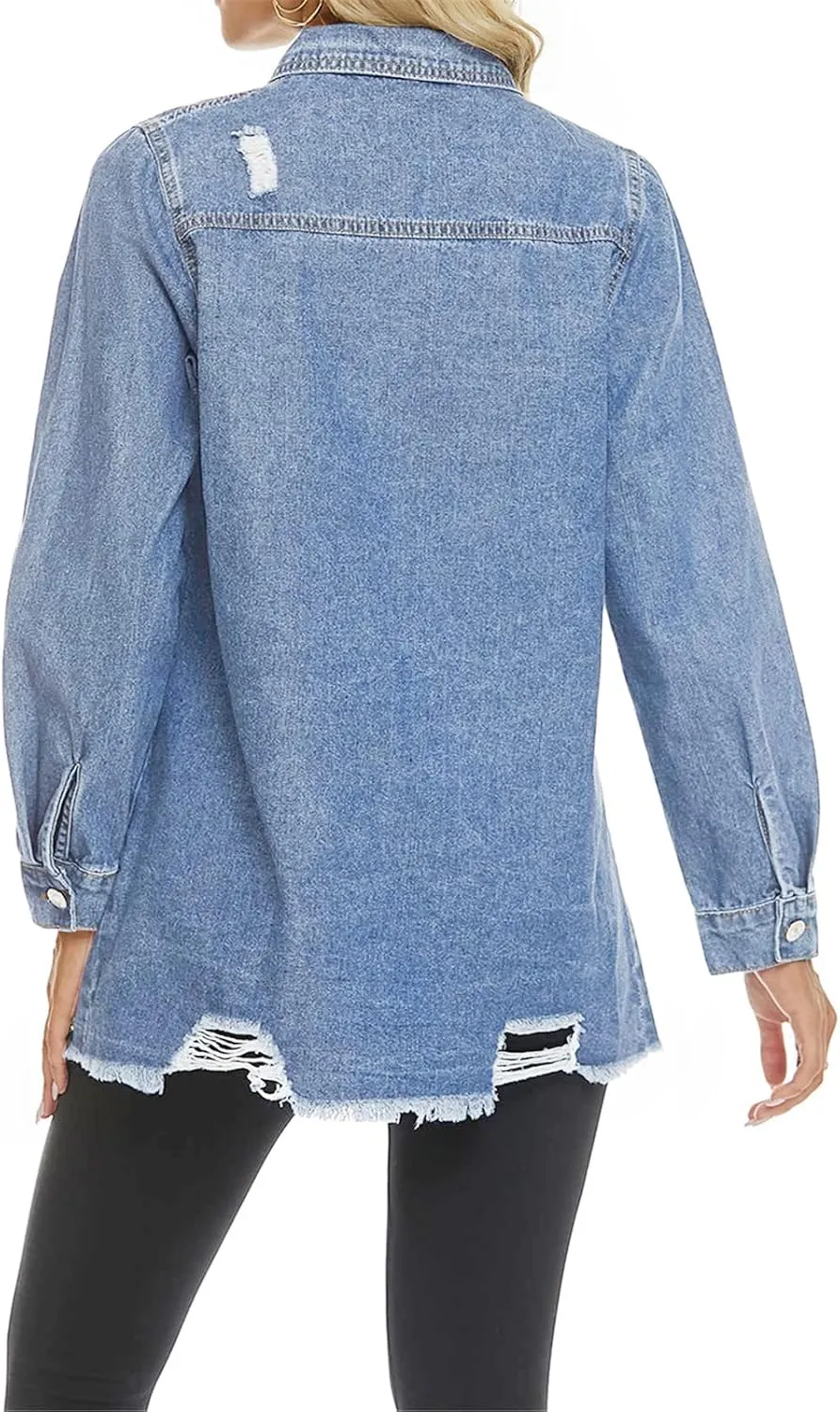 Womens Denim Ripped Distressed Button Down Mid Long Casual Jean Jackets