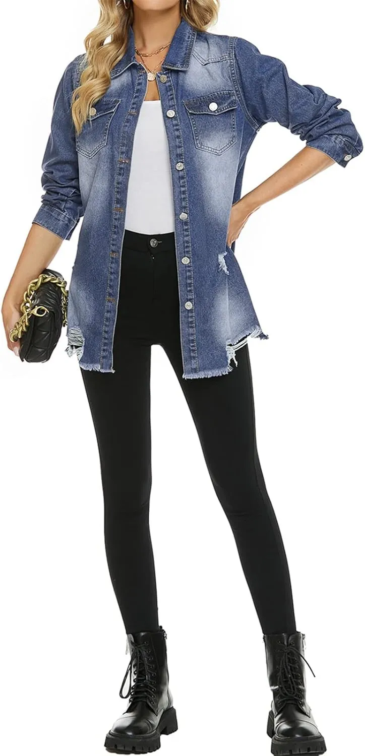 Womens Denim Ripped Distressed Button Down Mid Long Casual Jean Jackets