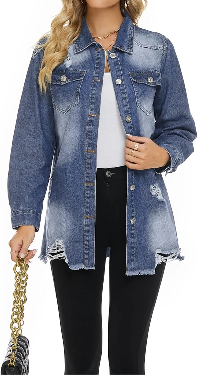 Womens Denim Ripped Distressed Button Down Mid Long Casual Jean Jackets