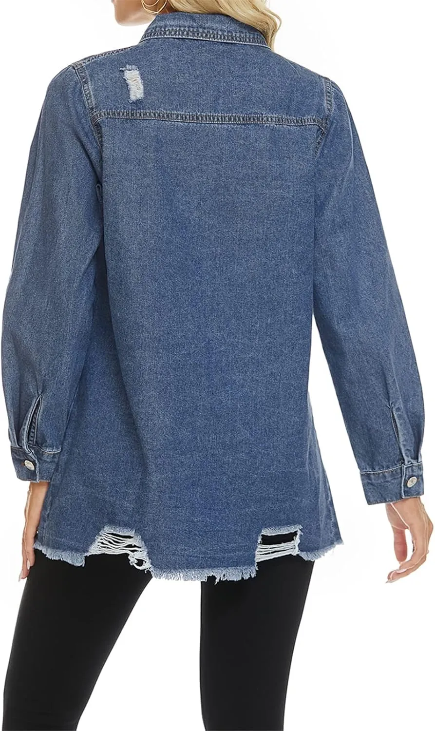 Womens Denim Ripped Distressed Button Down Mid Long Casual Jean Jackets