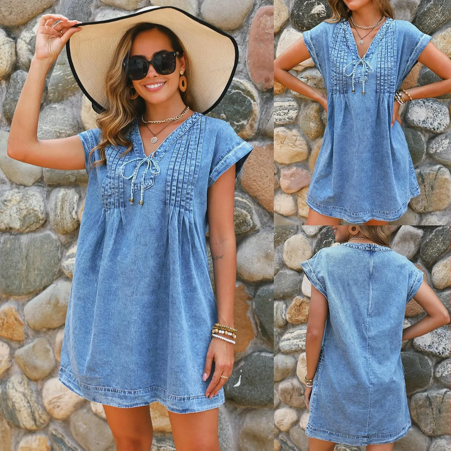 Womens Denim Romper 2025 Jean Dress V Neck Shorts Sleeves Tie Front Ruffle Overall Dress with Pockets