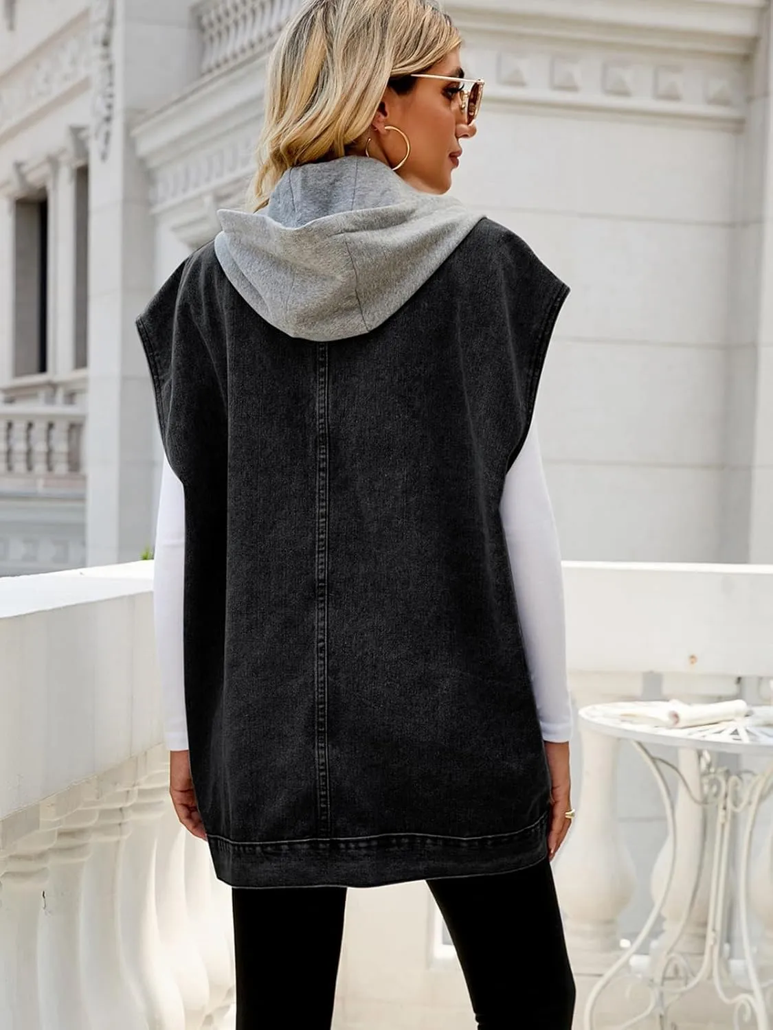 Women's Denim Vest Oversized Sleeveless Jean Jacket Button Down Casual Waistcoat With Detachable Hooded Vest
