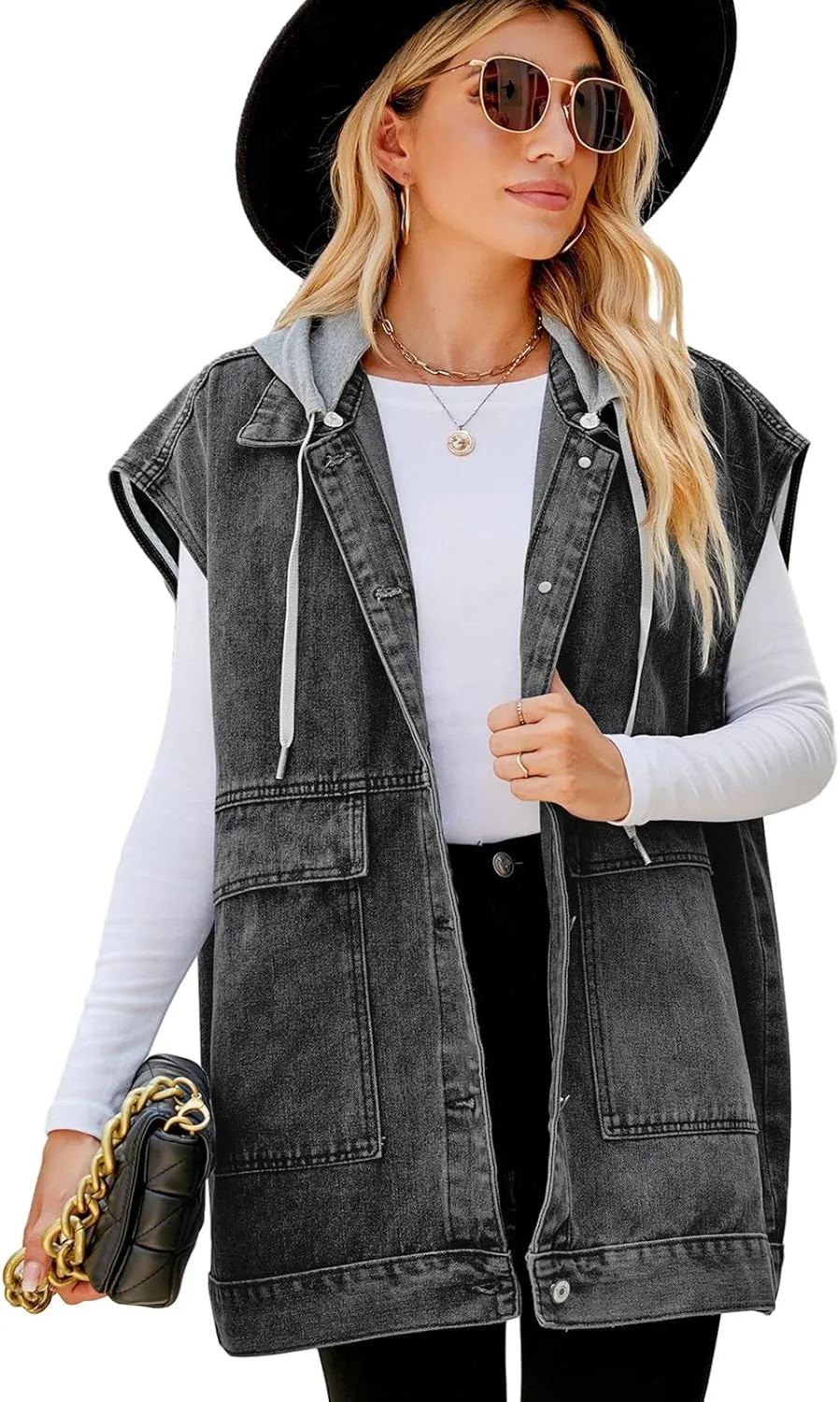 Women's Denim Vest Oversized Sleeveless Jean Jacket Button Down Casual Waistcoat With Detachable Hooded Vest
