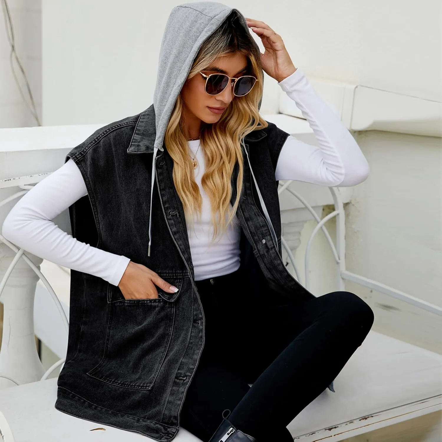Women's Denim Vest Oversized Sleeveless Jean Jacket Button Down Casual Waistcoat With Detachable Hooded Vest
