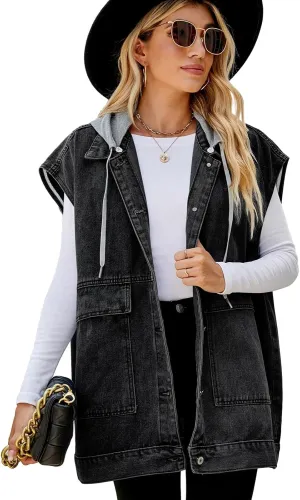 Women's Denim Vest Oversized Sleeveless Jean Jacket Button Down Casual Waistcoat With Detachable Hooded Vest