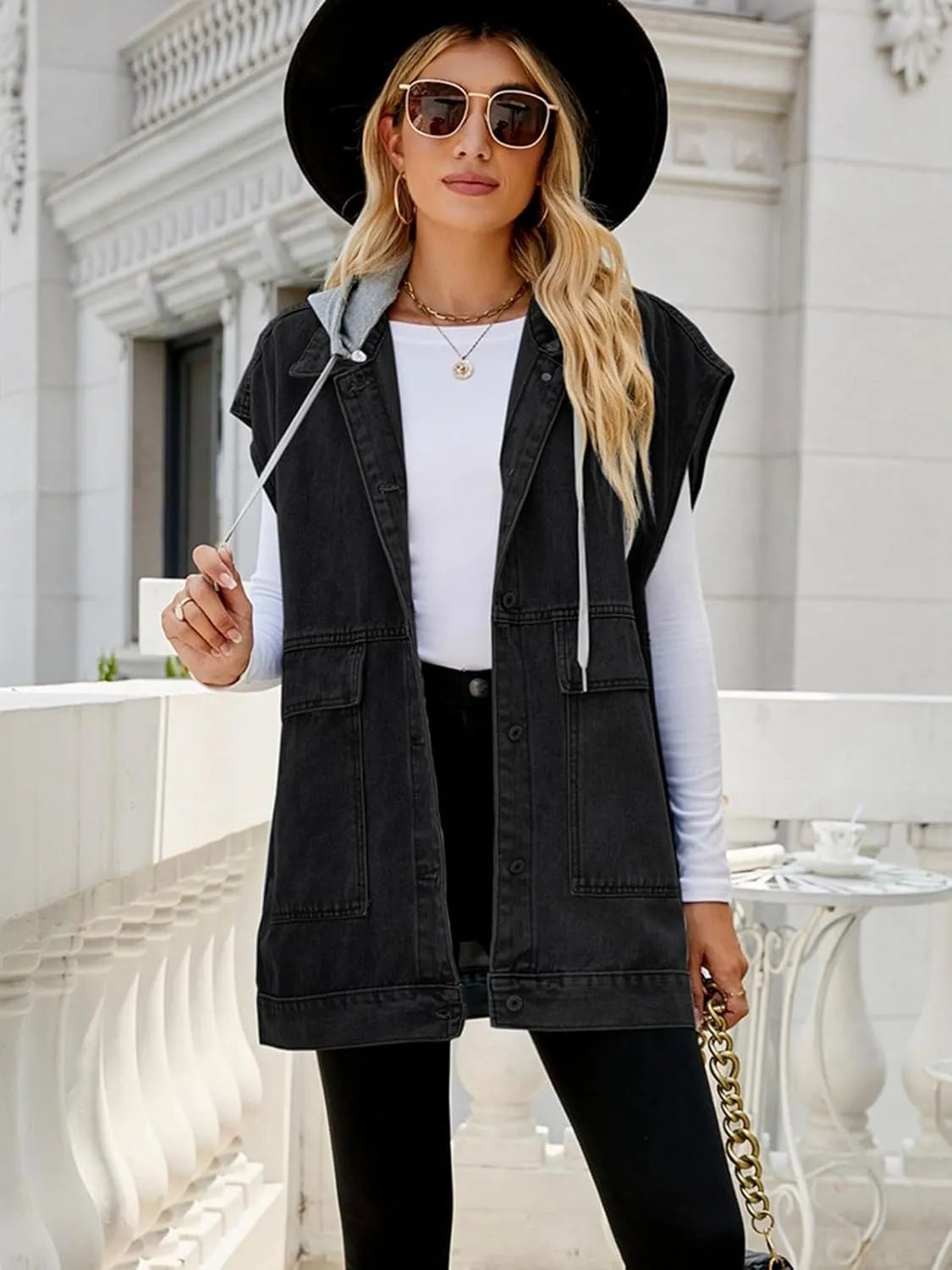 Women's Denim Vest Oversized Sleeveless Jean Jacket Button Down Casual Waistcoat With Detachable Hooded Vest
