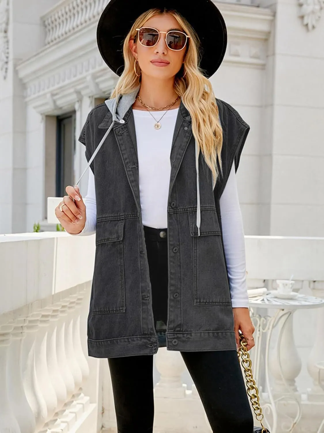 Women's Denim Vest Oversized Sleeveless Jean Jacket Button Down Casual Waistcoat With Detachable Hooded Vest