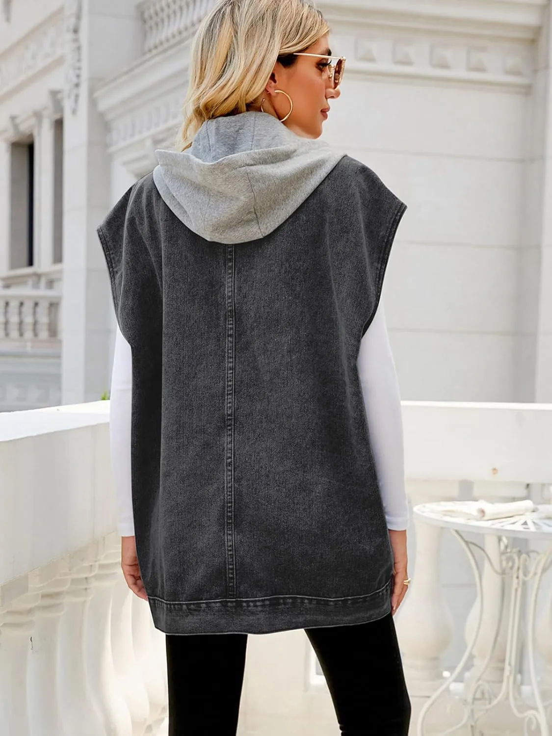 Women's Denim Vest Oversized Sleeveless Jean Jacket Button Down Casual Waistcoat With Detachable Hooded Vest