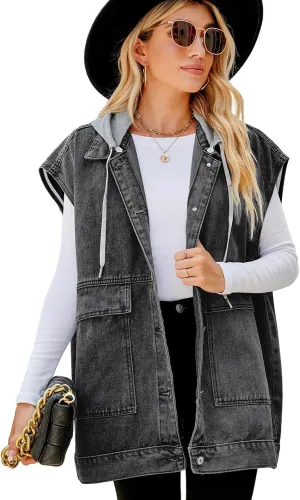 Women's Denim Vest Oversized Sleeveless Jean Jacket Button Down Casual Waistcoat With Detachable Hooded Vest