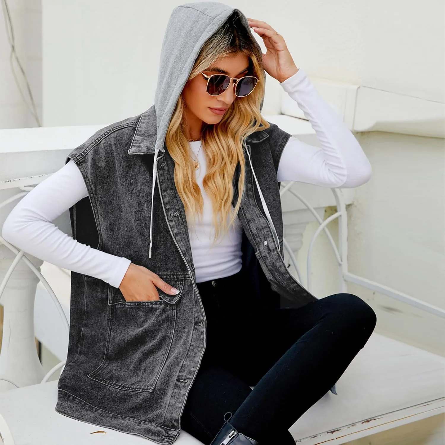 Women's Denim Vest Oversized Sleeveless Jean Jacket Button Down Casual Waistcoat With Detachable Hooded Vest
