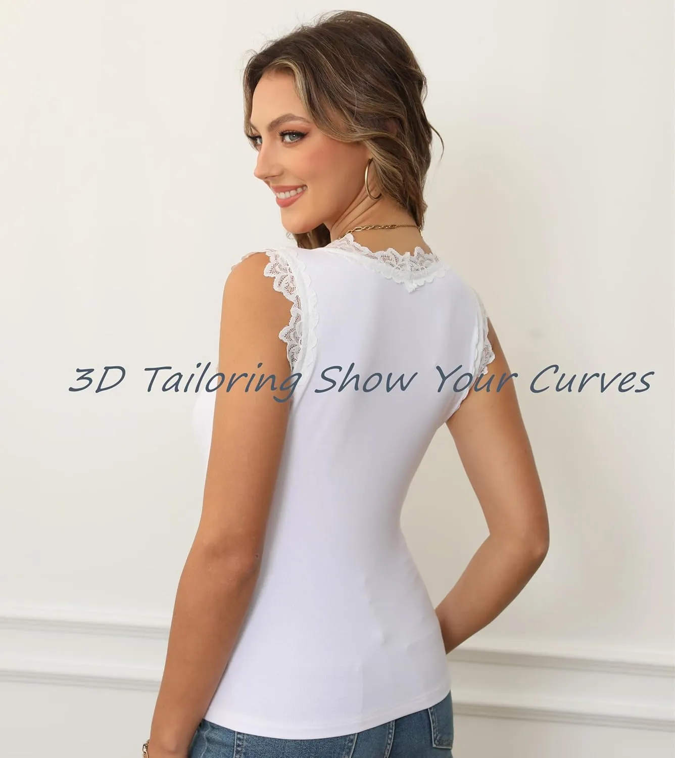 Women's Dressy Lace Trim V-Neck Camisole Trendy Tanktop Slim Fit Layering Summer Vest