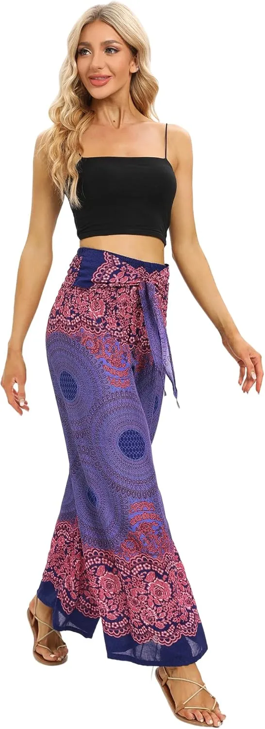 Womens Elastic High Waisted Yoga Flowy Palazzo Pants Casual Boho Wide Leg Long Trousers