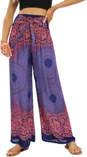 Womens Elastic High Waisted Yoga Flowy Palazzo Pants Casual Boho Wide Leg Long Trousers