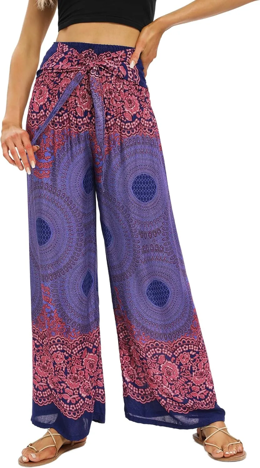 Womens Elastic High Waisted Yoga Flowy Palazzo Pants Casual Boho Wide Leg Long Trousers