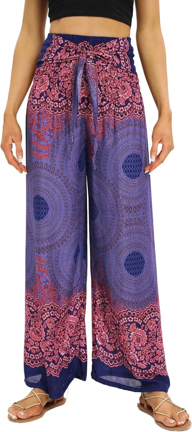 Womens Elastic High Waisted Yoga Flowy Palazzo Pants Casual Boho Wide Leg Long Trousers