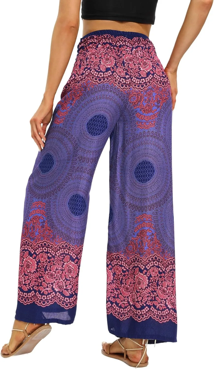 Womens Elastic High Waisted Yoga Flowy Palazzo Pants Casual Boho Wide Leg Long Trousers