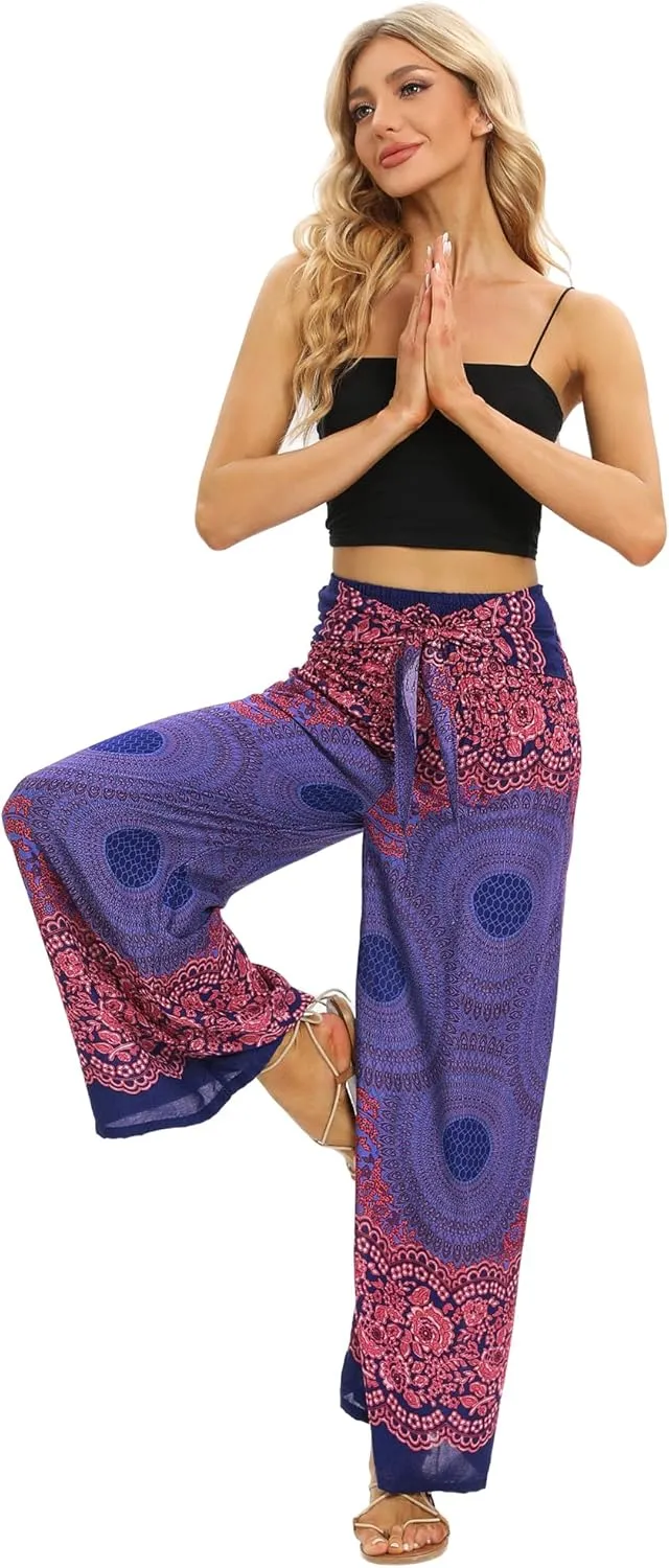 Womens Elastic High Waisted Yoga Flowy Palazzo Pants Casual Boho Wide Leg Long Trousers