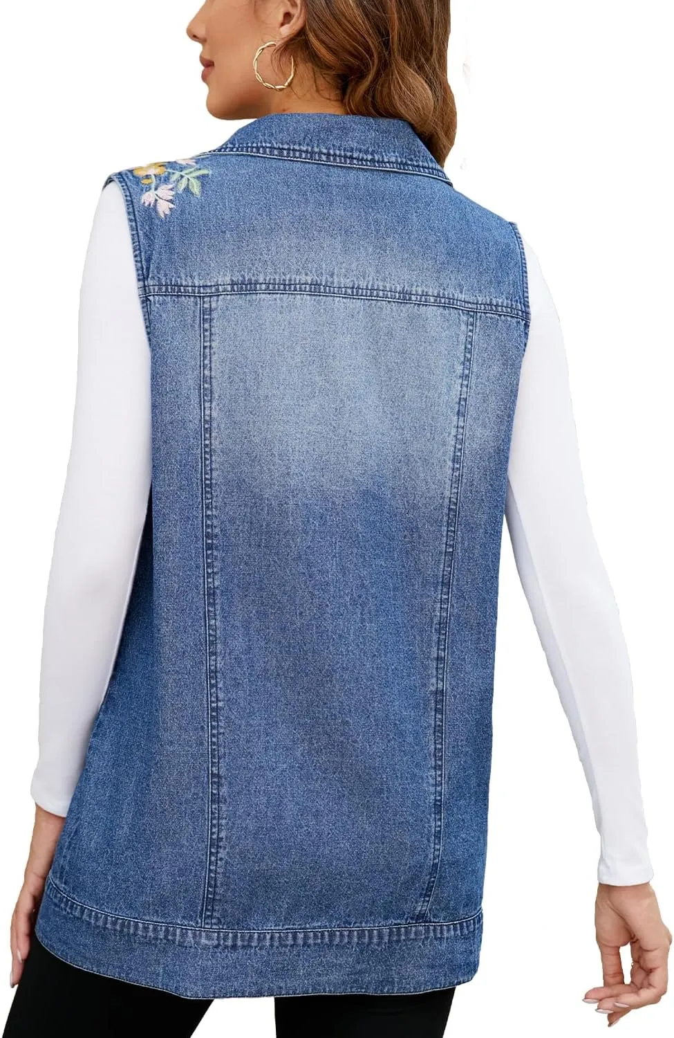 Women's Embroidery Denim Vest Mid Long Jean Vest Sleeveless Jackets Button Down Denim Jean Vest Waistcoat Jacket