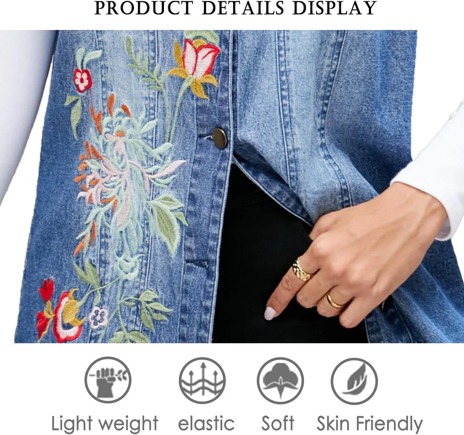 Women's Embroidery Denim Vest Mid Long Jean Vest Sleeveless Jackets Button Down Denim Jean Vest Waistcoat Jacket