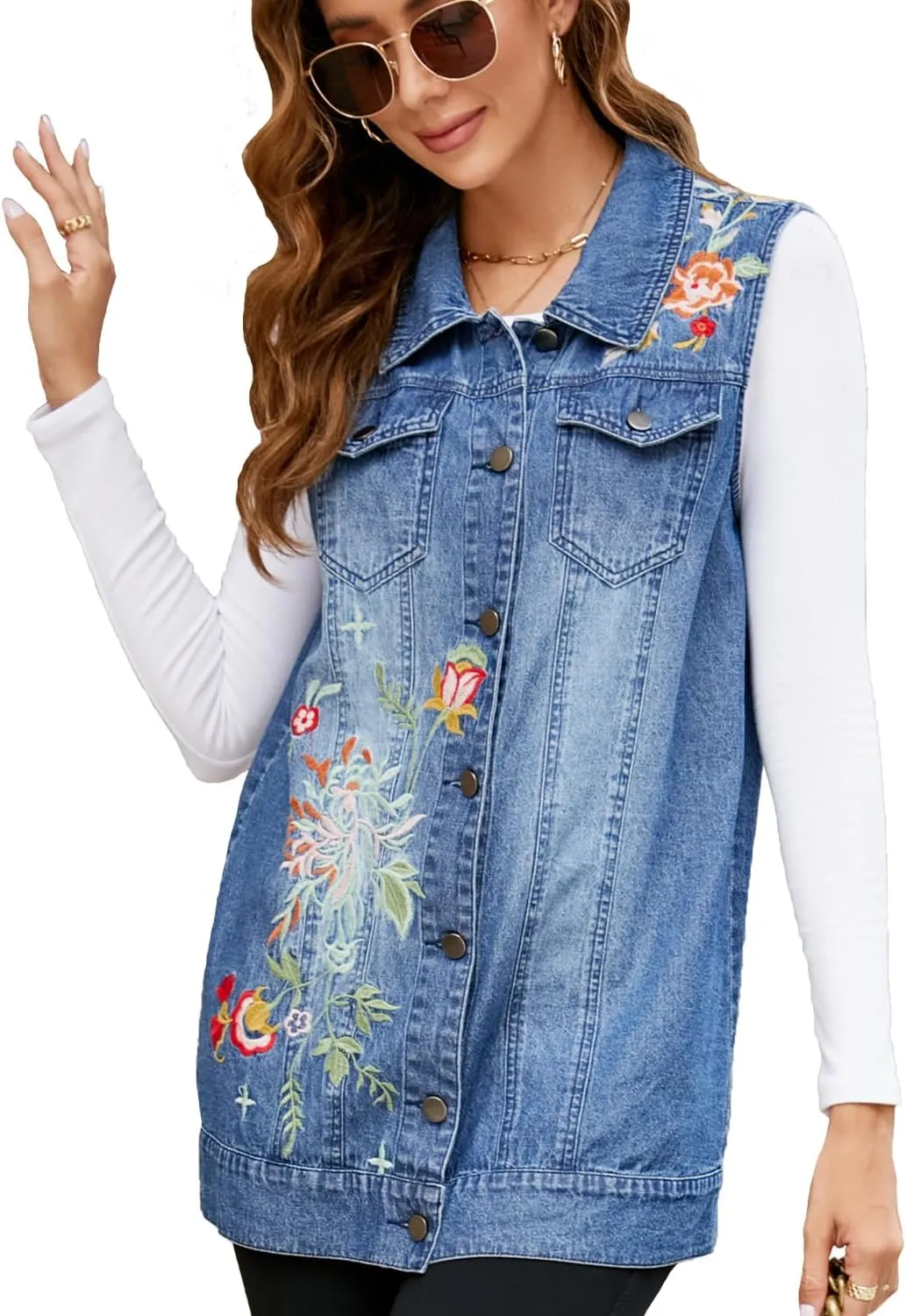 Women's Embroidery Denim Vest Mid Long Jean Vest Sleeveless Jackets Button Down Denim Jean Vest Waistcoat Jacket