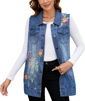 Women's Embroidery Denim Vest Mid Long Jean Vest Sleeveless Jackets Button Down Denim Jean Vest Waistcoat Jacket