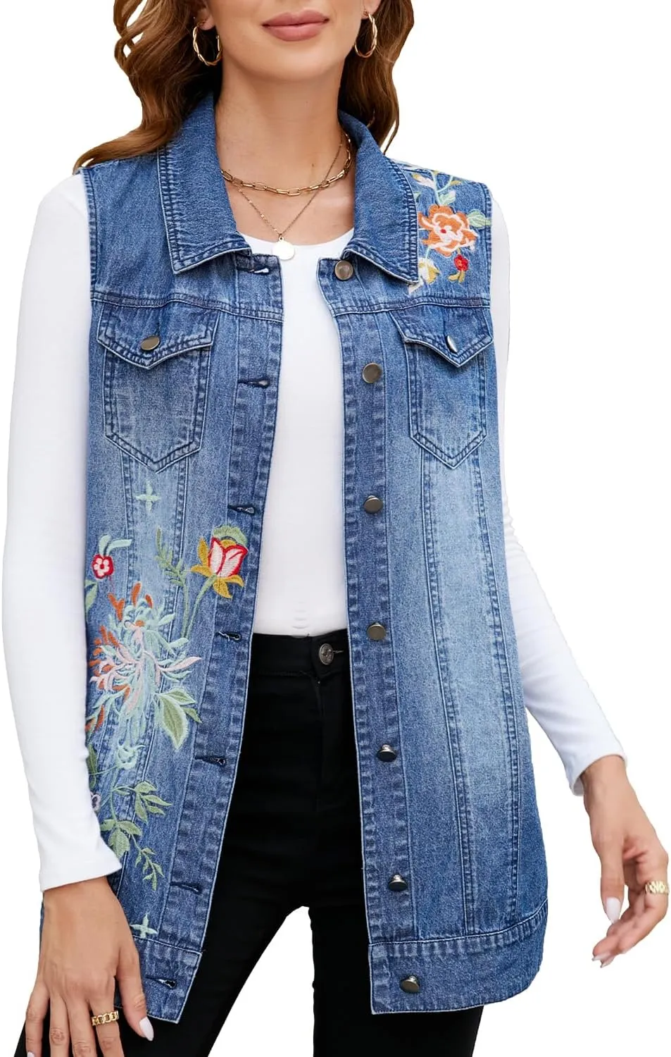 Women's Embroidery Denim Vest Mid Long Jean Vest Sleeveless Jackets Button Down Denim Jean Vest Waistcoat Jacket