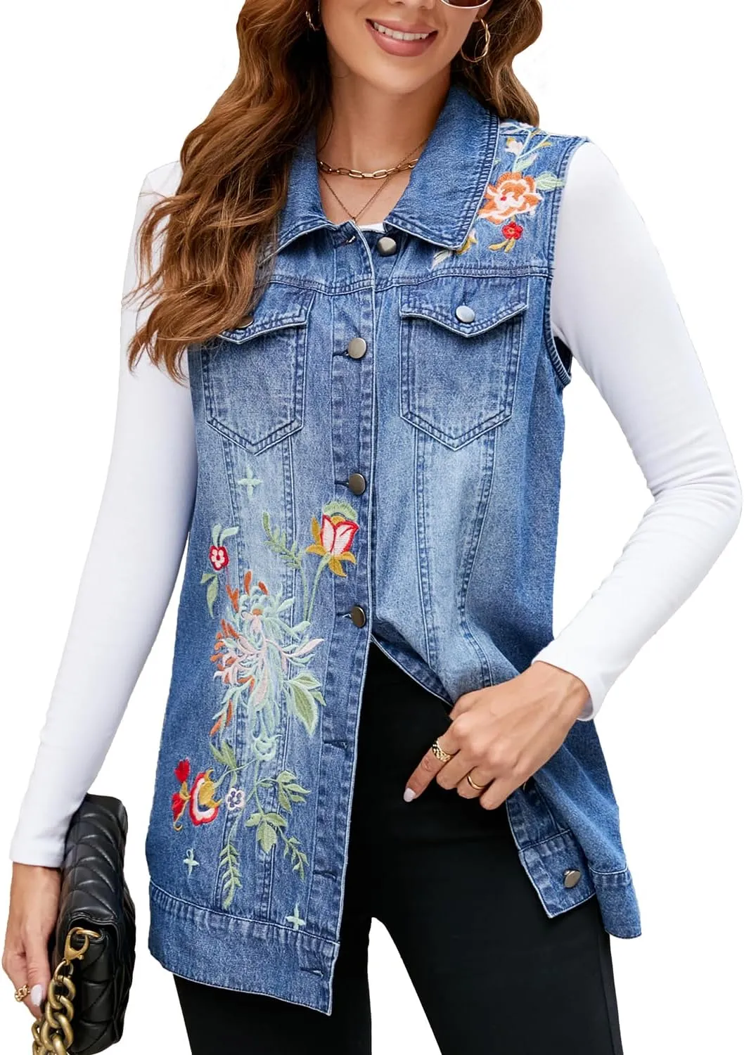 Women's Embroidery Denim Vest Mid Long Jean Vest Sleeveless Jackets Button Down Denim Jean Vest Waistcoat Jacket