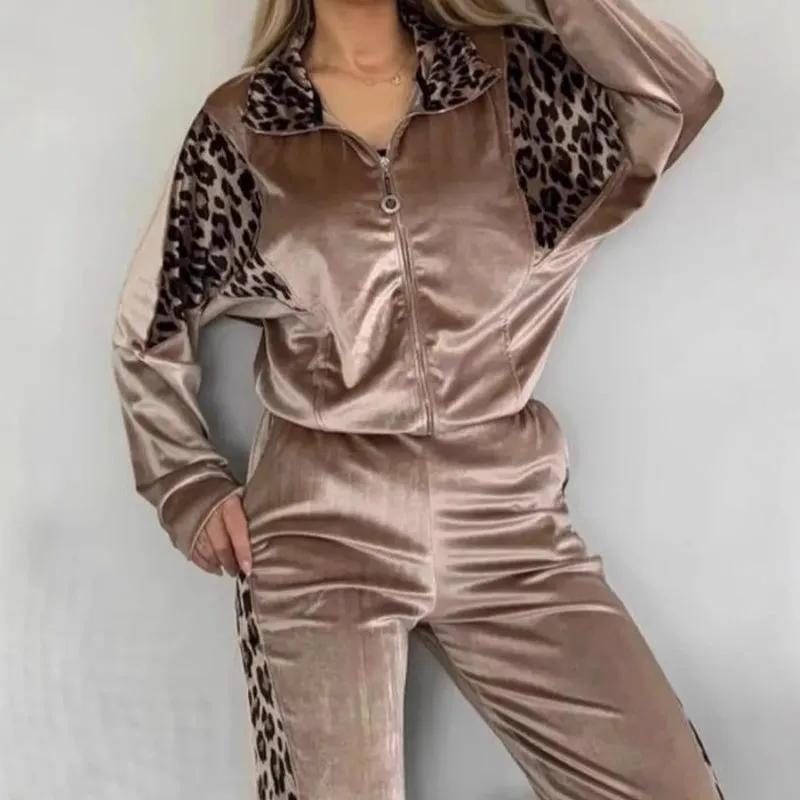 Women's Fashion Leopard Print Zipper Top＆Drawstring Pants 2-Piece Set