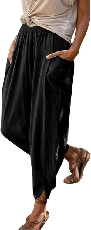 Womens Fashion Long Pant Elastic Waist High Waist Casual Trousers Harem Pants Women