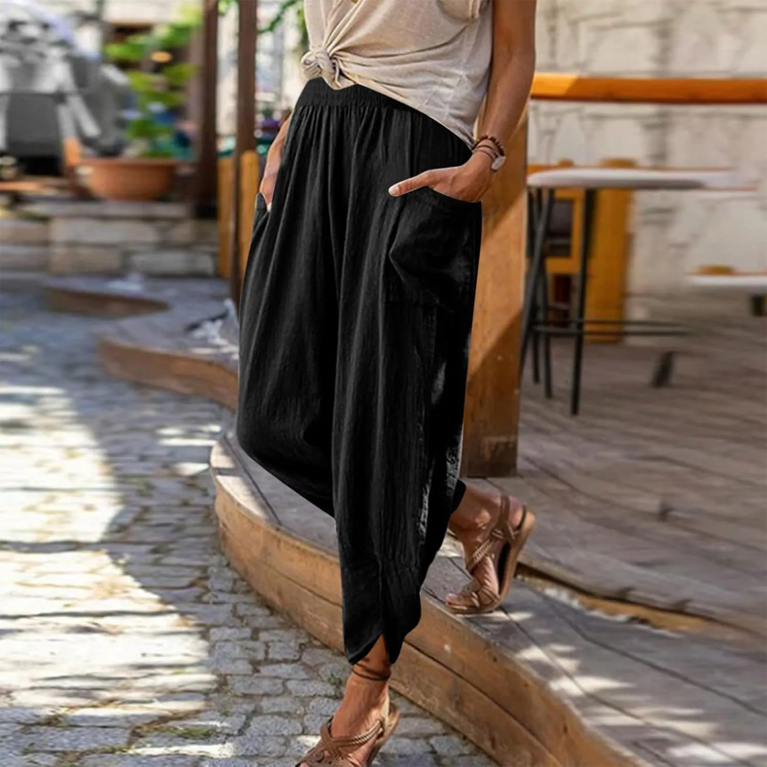Womens Fashion Long Pant Elastic Waist High Waist Casual Trousers Harem Pants Women